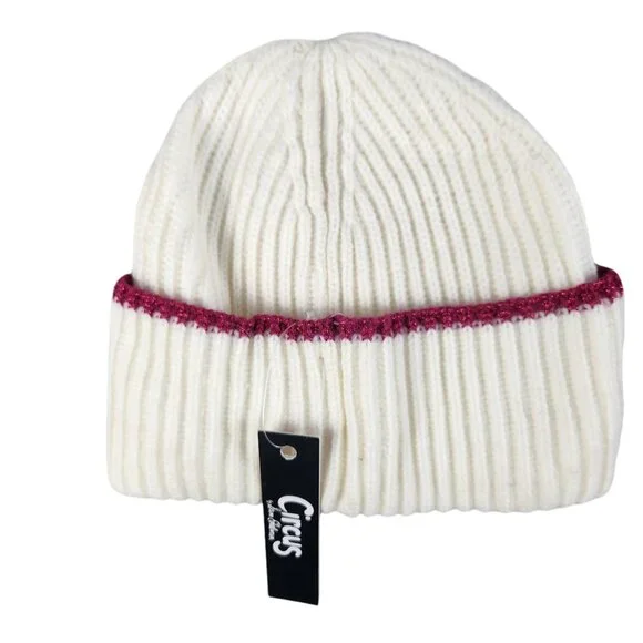 Circus By Sam Edelman Womens Ribbed Knit Beanie White With Pink Trim - Picture 2 of 2